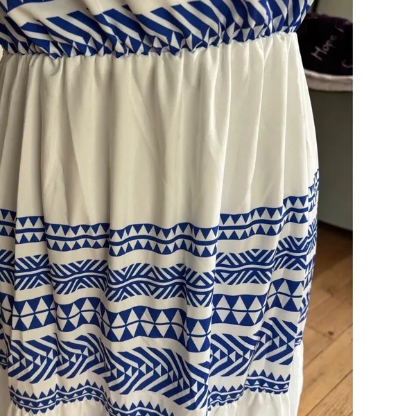 Boho Tiered‎ Maxi Dress White Blue Geometric Spaghetti Strap Summer - Image 2