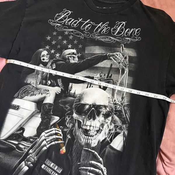 Ride or Die Bad to Bone Motorcycle Biker Black Graphic AOP Tee Tshirt Y2K DGA David Gonzales Skull Skeletons Baggy Oversize Sz XL - measurement in pics - Image 3