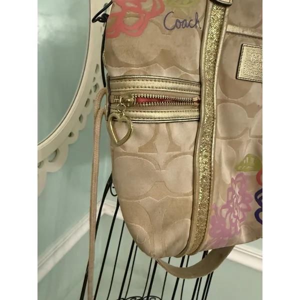 Coach Poppy Applique Gold Multi Crossbody Bag Floral Purse - Image 4