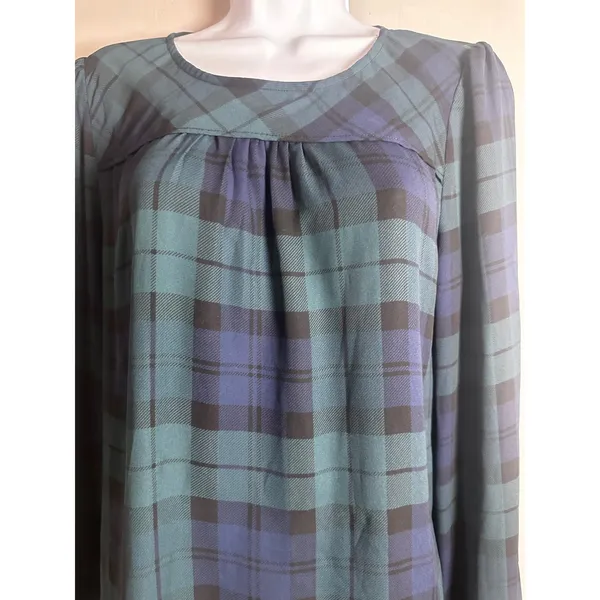 J.Crew Womens Black Watch Plaid Pleated Long Sleeve Blouse Green‎ Navy Blue M - Image 3