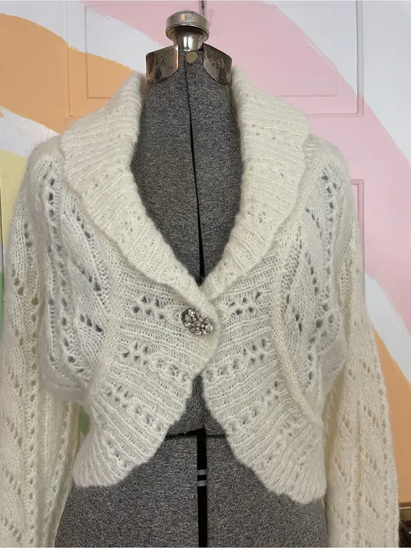 Rare Vintage Y2K Mohair & Wool LOFT Pointelle Crop Bolero Cardigan Sz L 💛🎀 - Image 2
