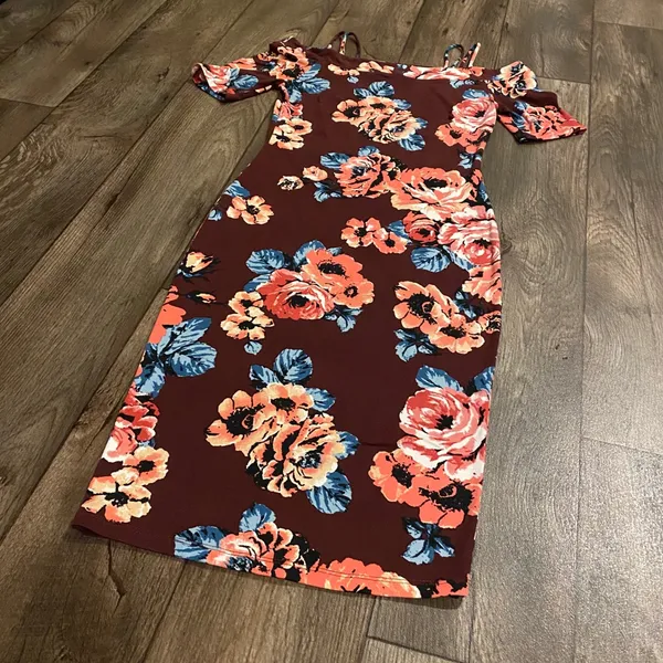 ADC Floral Off Shoulder Bodycon Midi Dress Small Maroon Pink Blue - Image 4