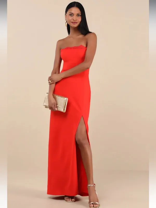 Lulus Memorably Iconic Red Strapless Lace Bustier Maxi Dress - Image 4