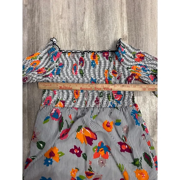 Nicole Miller Floral Striped Smocked Off Shoulder‎ Bell Sleeve Dress Size 10 - Image 4