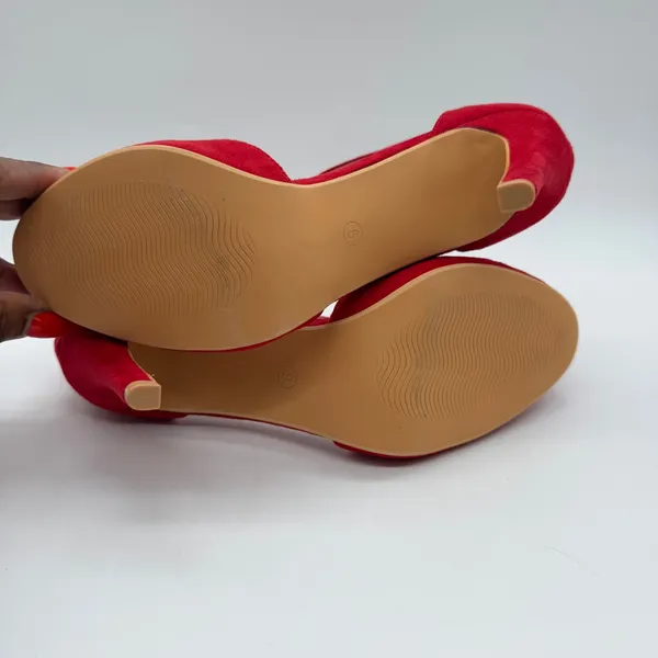 Red Faux Suede T-Strap Pumps Womens Size 9 Round Toe Stiletto Heels Ankle Strap - Image 8