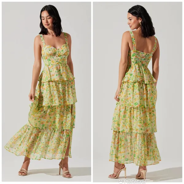 ASTR the Label Floral Chiffon‎ Maxi Dress Small Yellow Tiered Wedding Guest New - Image 4
