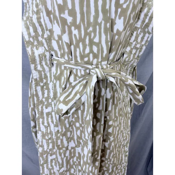 MIRTH‎ Olive Block Print Cotton Midi Dress Kantha Stitch Integrated Belt L - Image 5