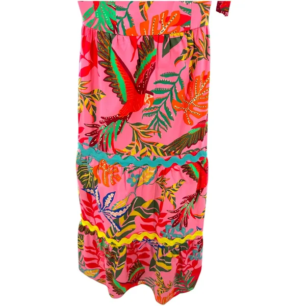 Avara Susana Maxi Dress XS NWT Pink Tropical Parrot Palm Rick Rack Cotton Tiered - Image 3