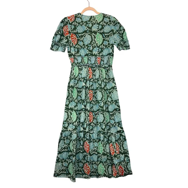Lukap Paris Floral Cotton Maxi Dress Green Blue Smocked Puff Sleeve S/M Boho‎ - Image 6