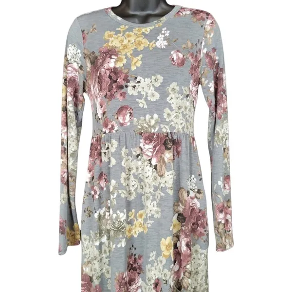 Bellamie Gray Floral Print Long Sleeve Maxi‎ Dress Women's S - Image 7
