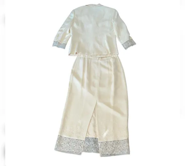 Talbots 100% Silk Cream Skirt Jacket Suit Set Size 8 Petite Lace Trim - Image 2