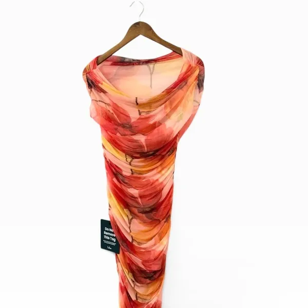 Lulus Sunama Orange Floral Mesh Ruched Bodycon Midi Dress size L NWT - Image 7