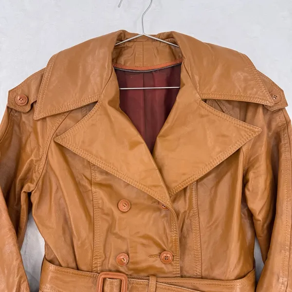 Vintage 70s Leather Jacket Brown Double Breasted Belted Union Made in USA Retro - Image 4