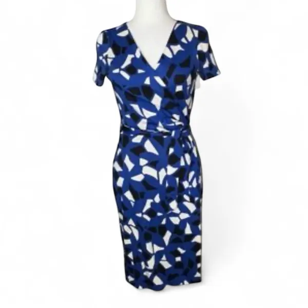 Diane Von Furstenberg Blue Mini Wrap Dress Womens 4 Cotton Silk Geometric Print - Image 2