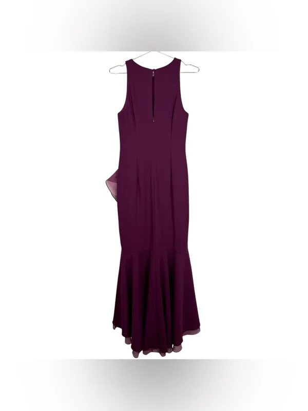 Adrianna Papell High Low Crepe Halter Gown Organza Draping In Cabernet Size‎ 4 - Image 8