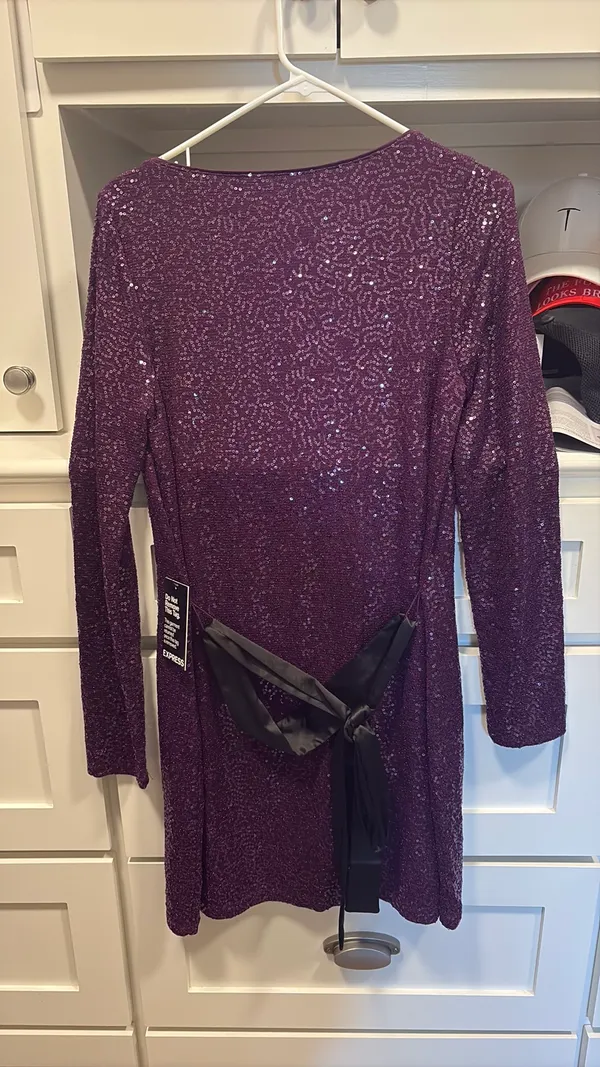 Express purple sequins long sleeve tie waist dress - Image 3