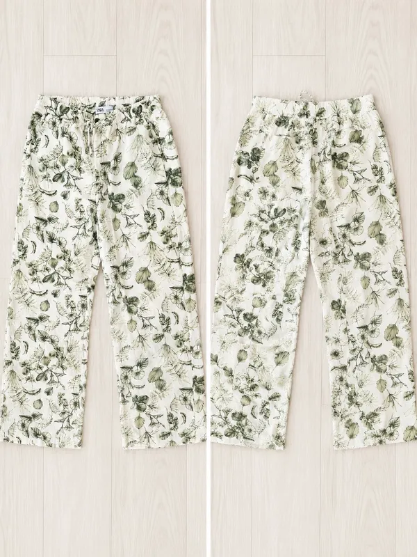 Zara Floral Print High-Waist Drawstring Wide Leg Trousers Ecru Green Sz S - Image 2