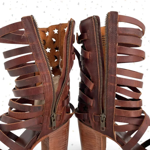 Freebird by Steven Makala Cognac Stars Moons Tall Leather Heeled Sandal Size 10 - Image 9
