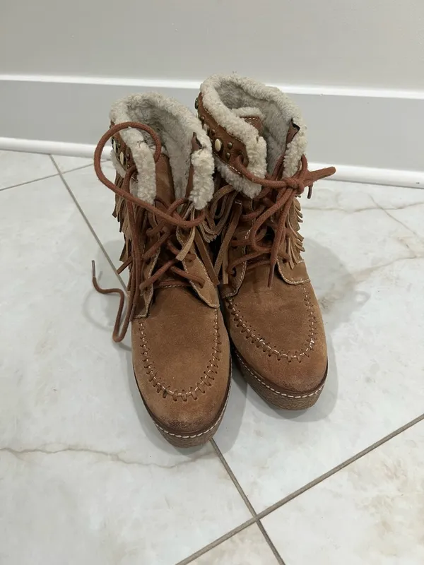 Sam Edelman Mocha Kemper Fringe Wedge Lace Up Booties Size 8 US $150 - Image 4