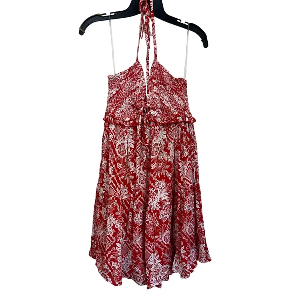 Angie Red White Floral Halter Dress M Smocked‎ Bodice Summer Boho Sundress Sz M - Image 2