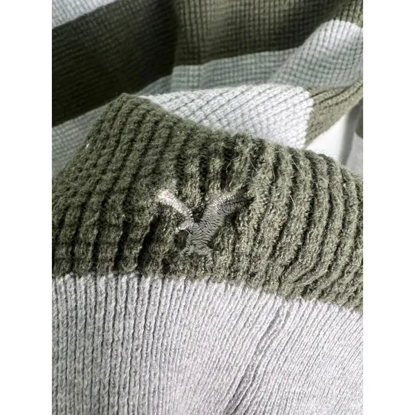 American Eagle Outfitters Striped Thermal Sweater Olive Gray XL Y2K Collegiate - Image 4
