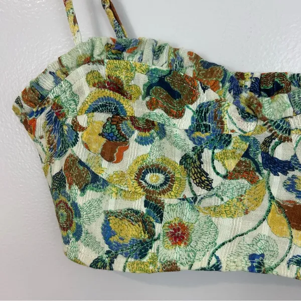 Anthropologie Floral Cropped Embroidered Ruffle Bustier Spaghetti Strap Top XXS - Image 3
