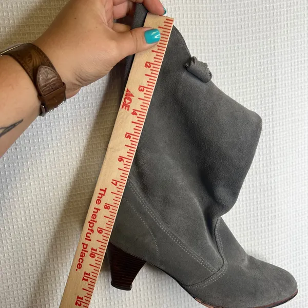 Vintage Grey Suede Western Mid Calf Boots 7M Concho Fringe Kitten Heel USA‎ Made - Image 5