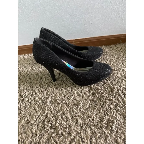 Silver Slipper Women's Black Rhinestone Round front 3"‎ heels size 8 - Image 2