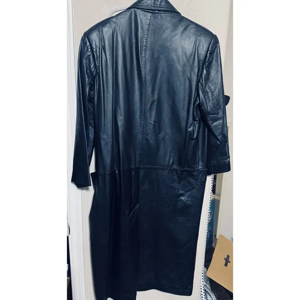 Vtg 90s Global Identity leather Coat womens S black Long 90s Trench Matrix Y2K - Image 9