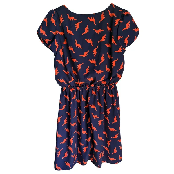 Peach Love California Dinosaur Print Dress Small Navy Orange Puff Sleeve Mini - Image 3