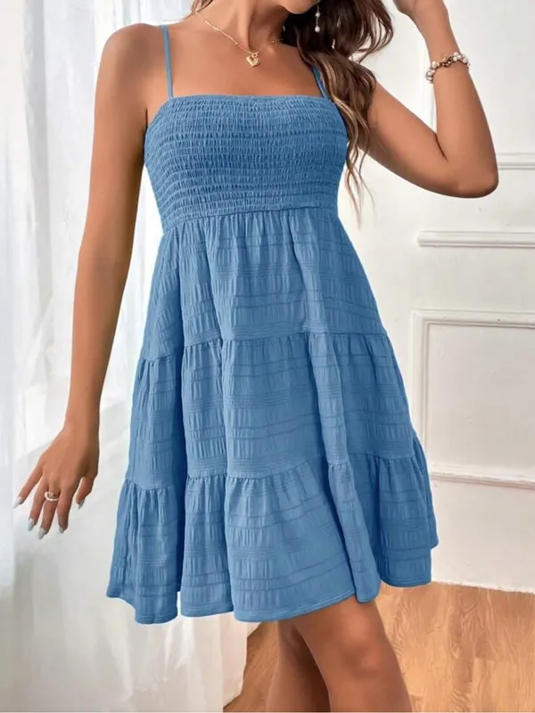 Soleia Women's Solid Color Shirred Bodice Tiered Mini Dress in Blue BRAND NEW - Image 5