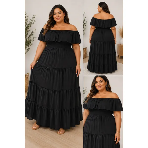 Pure Energy Maxi Dress Womens 1X Black Off Shoulder Tiered Smocked Boho - Image 2