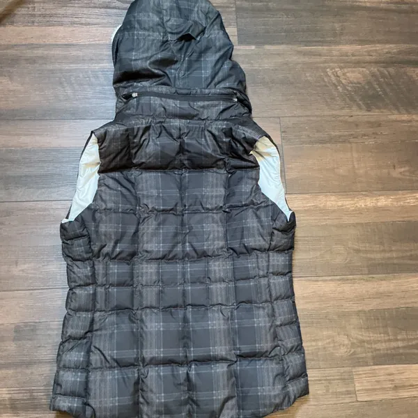 Patagonia Plaid Hooded Down Puffer Vest Black Grey Sherpa Lined Medium Gorpcore - Image 11