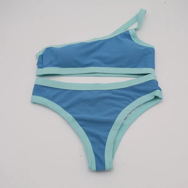 2 Piece Swimwear Bikini Set Womens Small Blue Aqua Contrast Trim Stretch Ribbed - Image 2