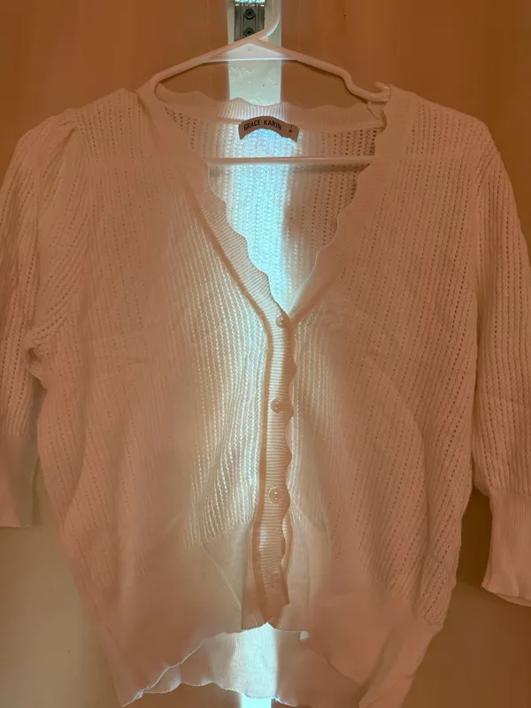 Grace Karin White Scalloped V-Neck Knit Cardigan - Image 4