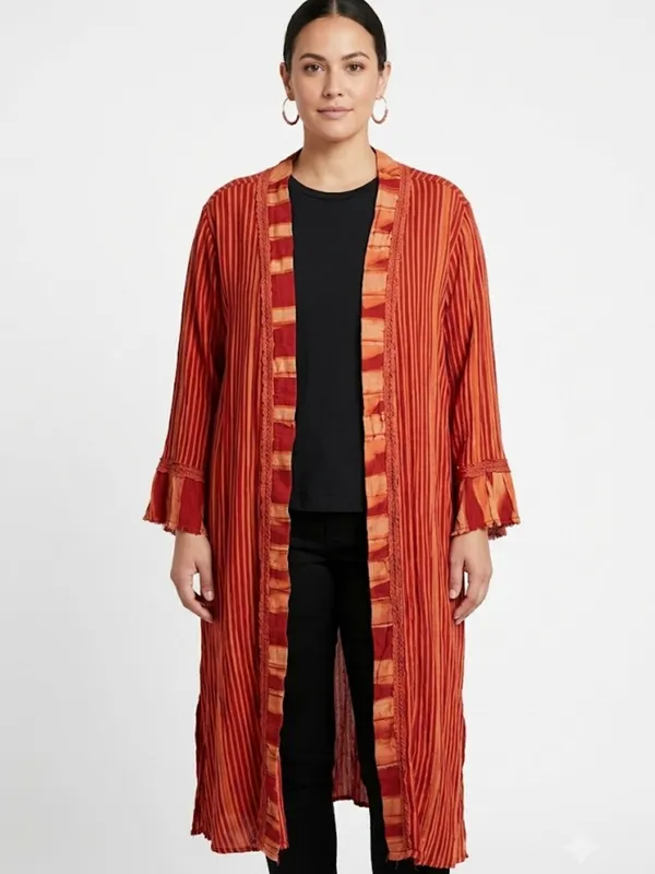 Freestyle Boho Red Striped Kimono Cardigan Open Front Duster Size 1X - Image 13
