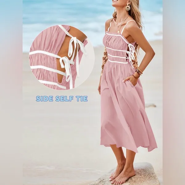 NEW Pink Cotton Spaghetti Strap Dress Tie Smocked Vacation Beach Midi Dress M - Image 2