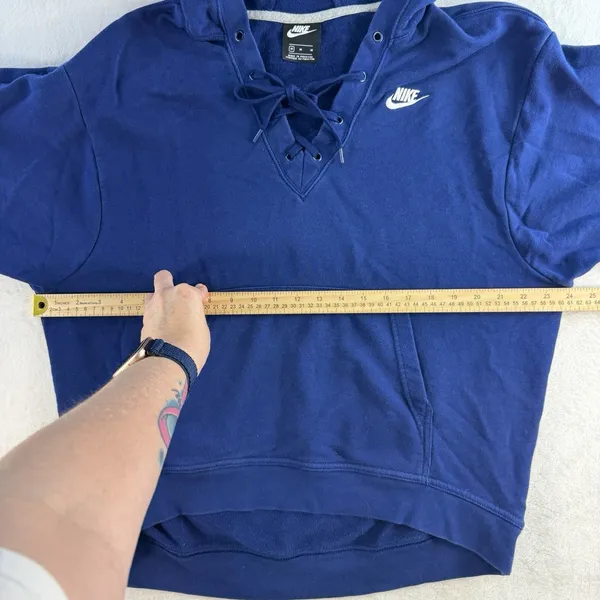 Nike M Medium Hoodie Sweatshirt Classic Swoosh Pullover Deep V-Neck Lace Up Blue - Image 9
