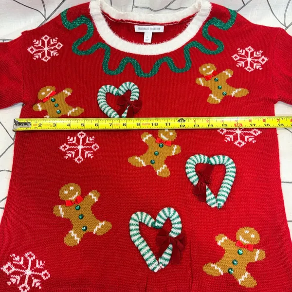 Celebrate Together Ugly Christmas Sweater‎ M Red Gingerbread Candy Cane Glitter - Image 4
