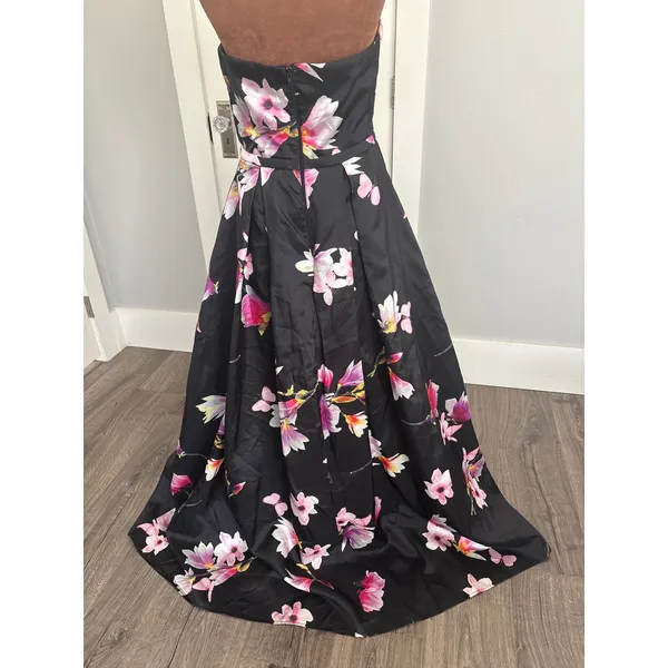 Sequin‎ Hearts Womens Strapless Floral Satin Ballgown Black Pink Size 9 - Image 4