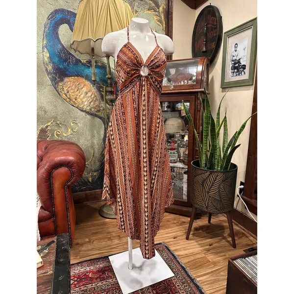 Shein Petite Small Boho Halter Handkerchief Hem Maxi Dress - Image 3