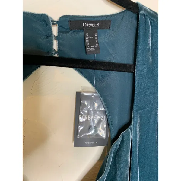 Forever 21 Velour Open Back Mini Dress Sz Medium Teal Boho Glam Cocktail - Image 6