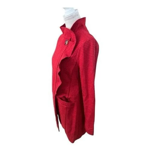 Cabi Celebration Women Jacket Coat Size S Red Houndstooth Ruffle Button Front - Image 2