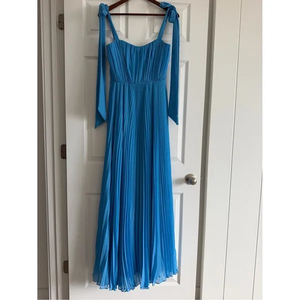 Blue Pleated Maxi Dress Tie Shoulder Formal Gown NWOT Size Small - Image 2