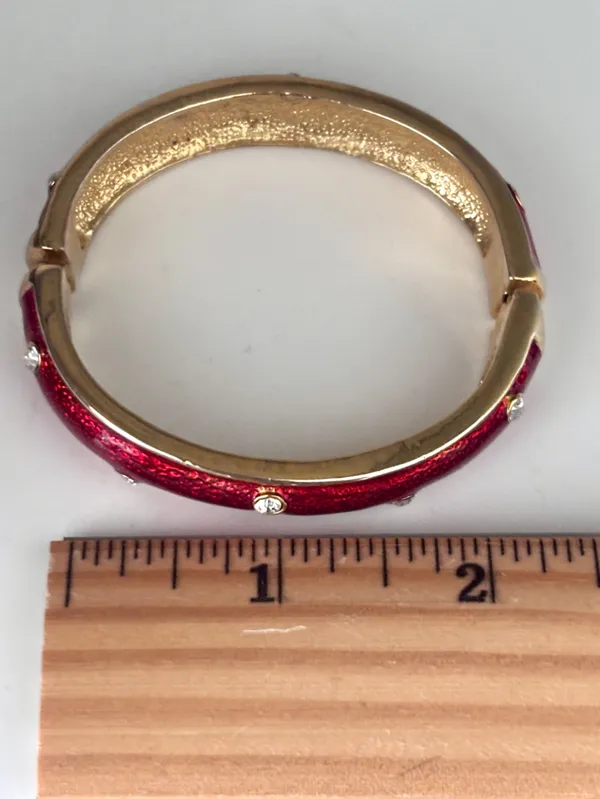 Vintage Red Enamel Hinge Bangle Bracelet Gold Tone Rhinestone Accent - Image 10