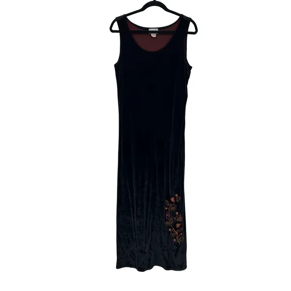 Vintage Black‎ Burgundy Velvet Floral Embroidered Boho Whimsigoth Maxi Dress S - Image 3