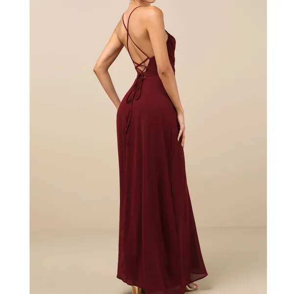 NEW Lulus Event Ready Burgundy Pleated Backless Lace-Up Sweeping Maxi Dress - Image 4