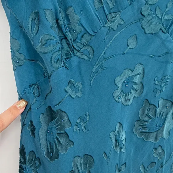 Vintage‎ Teal Floral Burnout Velvet Silk Blend Beaded Bias Cut Maxi Dress 8 - Image 6