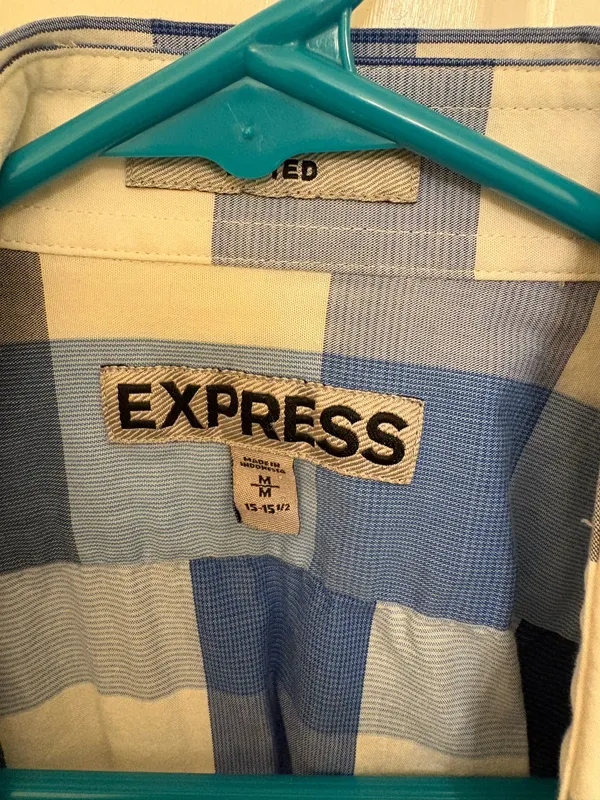 Express Men's Business Blue & White Checkered Plaid Button Down Dress Shirt - Image 4