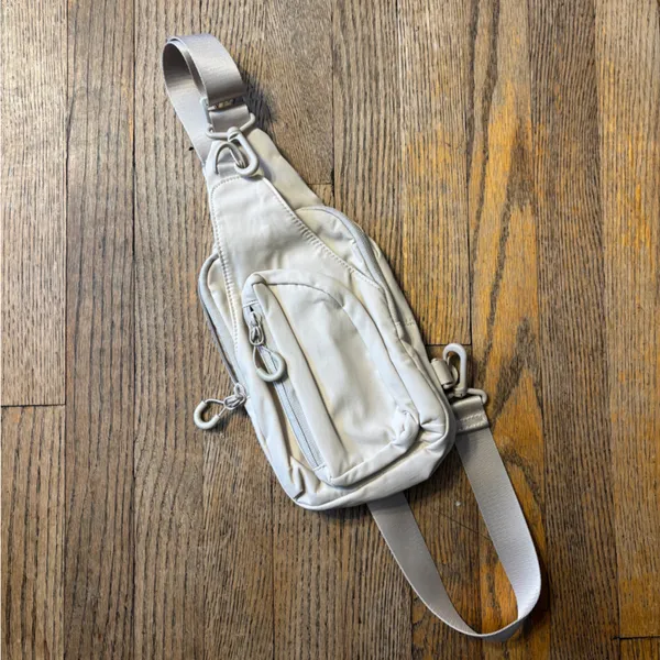 Beige Nylon Sling Crossbody Belt Bag Fanny Pack Multi Pocket - Image 2